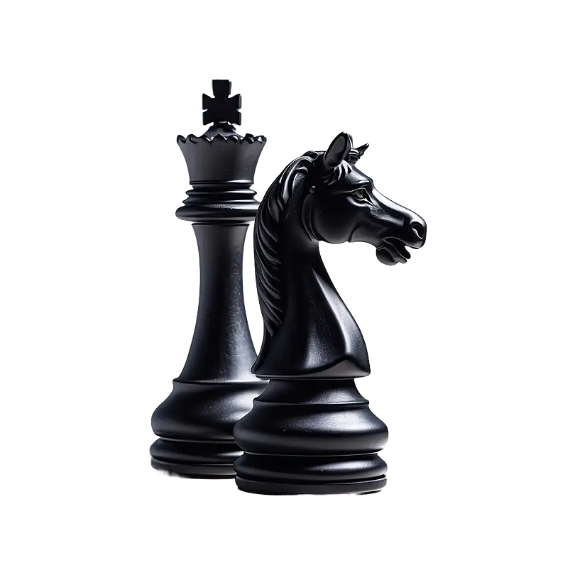 Close-up van een zwarte schaakkoning en een paard op een donkere achtergrond, die symbool staan voor strategie, leiderschap en tactische besluitvorming